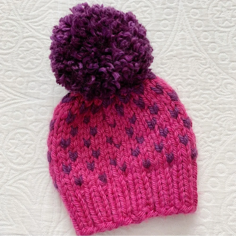 Nickichicki Girls’ Knit Pom‎ Pom Beanie, Pink / Purple Tiny Hearts (2-4 Years)